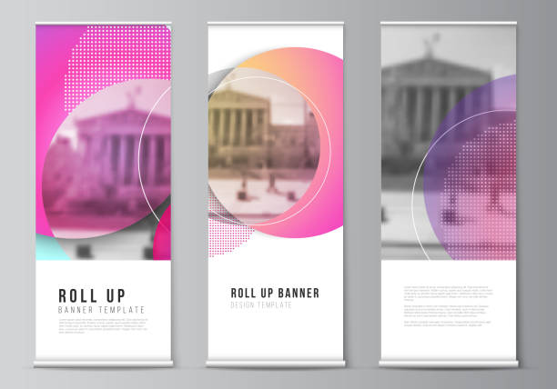 The vector illustration of the editable layout of roll up banner stands, vertical flyers, flags design business templates. Creative modern bright background with colorful circles and round shapes